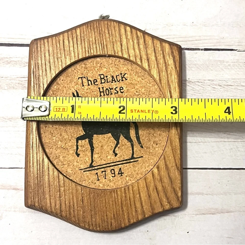 Vintage Western Black Horse Tavern 1794 Wooden & Cork 6 Coasters with Holder